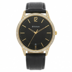 A TITAN men's analog watch featuring a black textured leather strap, a black dial with gold-tone hands and markers, and a gold-tone case accented with a bezel of clear crystals.