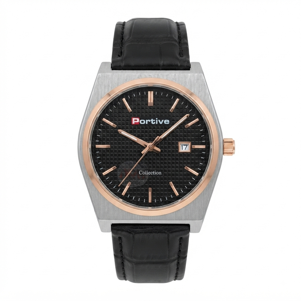 A Portive Collection analog watch with a brushed silver-tone case, black textured dial, rose gold-tone hands and markers, and a black leather strap, shown against a plain white background.