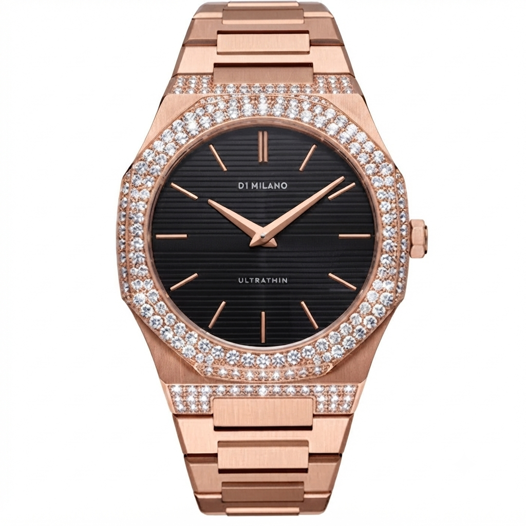 A DI MILANO Ultrathin watch featuring a rose gold metal case and bracelet, a black sunburst dial with rose gold indices, and a bezel and case accented with pavé-set clear crystals.