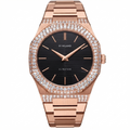 A DI MILANO Ultrathin watch featuring a rose gold metal case and bracelet, a black sunburst dial with rose gold indices, and a bezel and case accented with pavé-set clear crystals.
