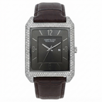 Kenneth Cole Reaction men's watch featuring a square silver-tone case encrusted with clear crystals, a dark charcoal gray dial, and a dark brown alligator leather strap, shown on a white background.
