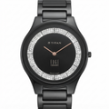 Titan Edge Ceramic watch with a black ceramic case and bracelet, a black dial, rose gold hands, and a bezel encrusted with clear crystals, shown on a white background.