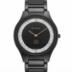 Titan Edge Ceramic watch with a black ceramic case and bracelet, a black dial, rose gold hands, and a bezel encrusted with clear crystals, shown on a white background.