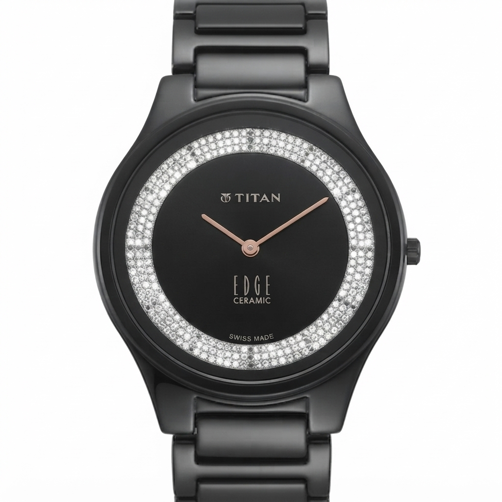 Titan Edge Ceramic watch with a black ceramic case and bracelet, a black dial, rose gold hands, and a bezel encrusted with clear crystals, shown on a white background.