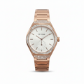 Titan men's watch in rose gold with a white dial, crystal-accented bezel, and matching rose gold link bracelet, shown on a white background.
