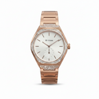 Titan men's watch in rose gold with a white dial, crystal-accented bezel, and matching rose gold link bracelet, shown on a white background.