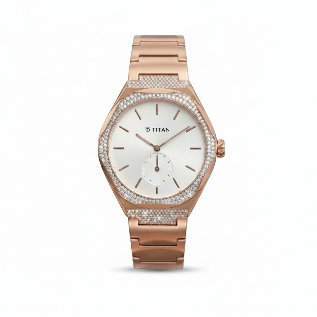 Titan men's watch in rose gold with a white dial, crystal-accented bezel, and matching rose gold link bracelet, shown on a white background.