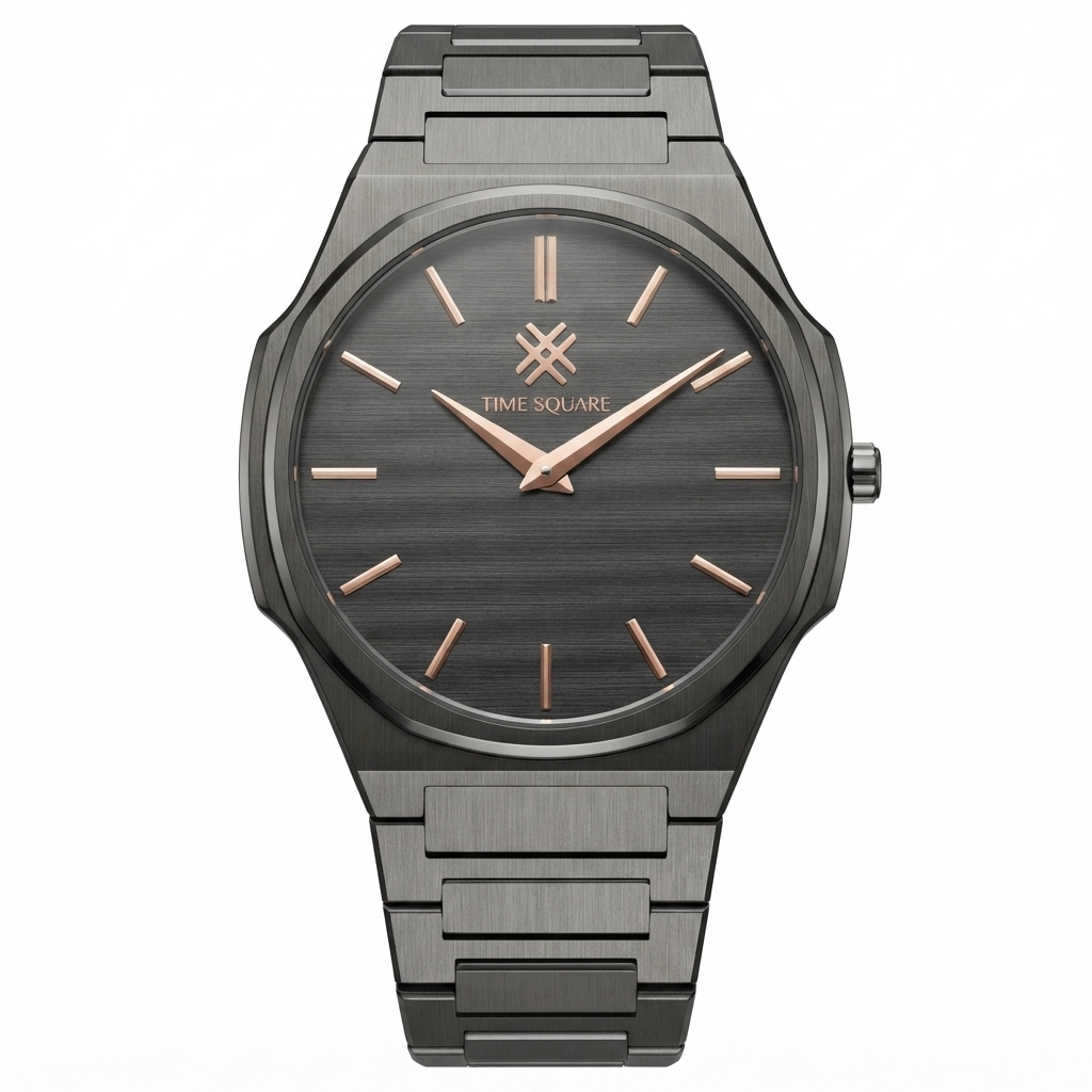 Time Square men's watch featuring a dark gunmetal gray metal case and link bracelet with a matching dark gray dial and rose gold-tone hands and hour markers.