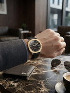 Portive Men's Quartz Watch | 42mm Black Dial | Gold & Silver Steel Alloy Case | Genuine Leather Strap | 100% Original | 1 Year Company Warranty