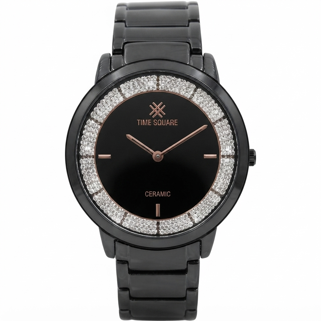 A women's black ceramic watch with a round black dial, rose gold hands and logo, and a bezel set with clear crystals, shown on a white background.