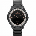 A women's black ceramic watch with a round black dial, rose gold hands and logo, and a bezel set with clear crystals, shown on a white background.