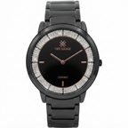 A women's black ceramic watch with a round black dial, rose gold hands and logo, and a bezel set with clear crystals, shown on a white background.