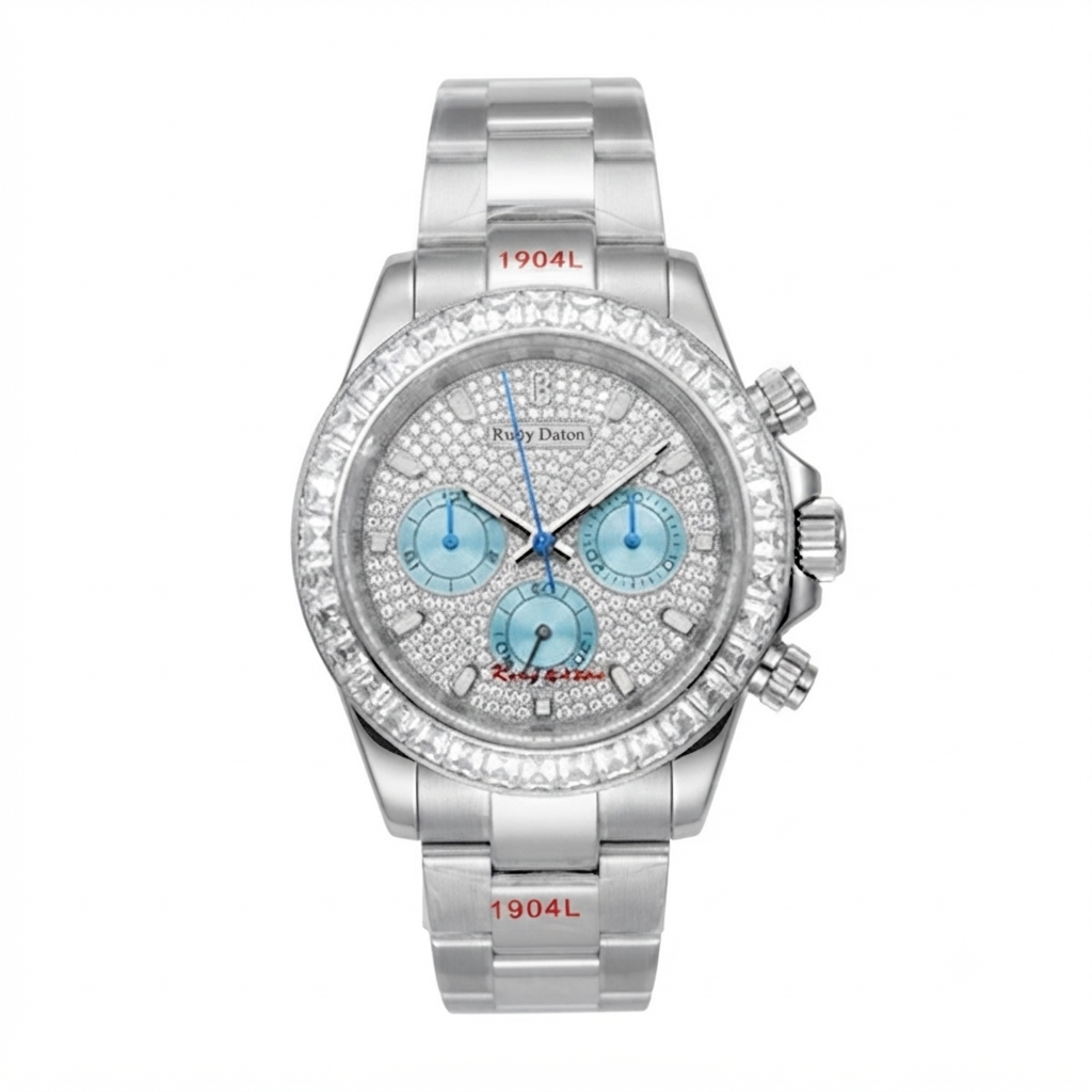 A luxury wristwatch with a silver-tone stainless steel case and bracelet, heavily embellished with clear crystals. The dial is also crystal-covered with light blue subdials and blue hands, and features red text accents including 'Henry Dato' and '1904L'.