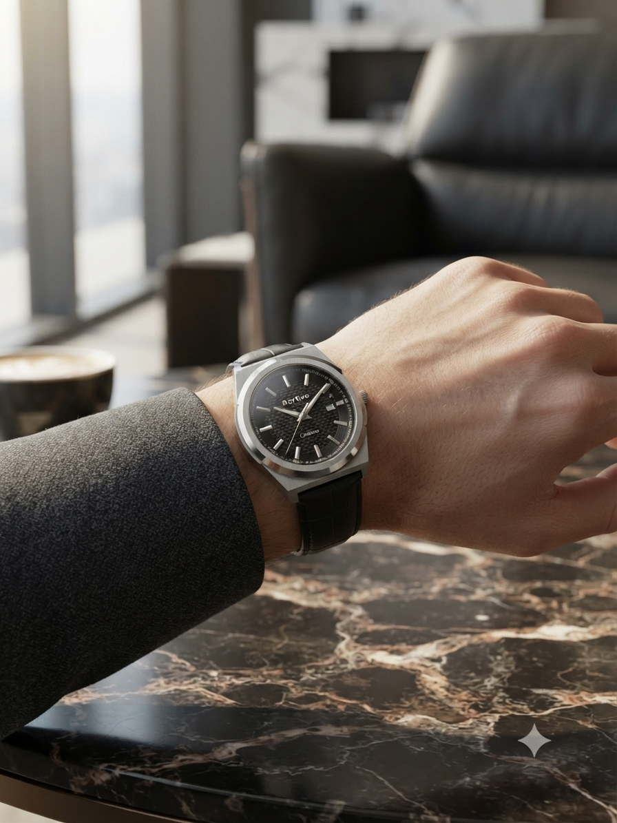 A close-up of a person's wrist wearing a silver-toned watch with a black dial and black strap, resting on a dark marble table in a modern interior setting.
