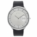 A luxury watch by M.TITAN, featuring a round silver-tone case encrusted with clear crystals, a silver-toned textured dial with a circular day/date window, and a black leather strap.