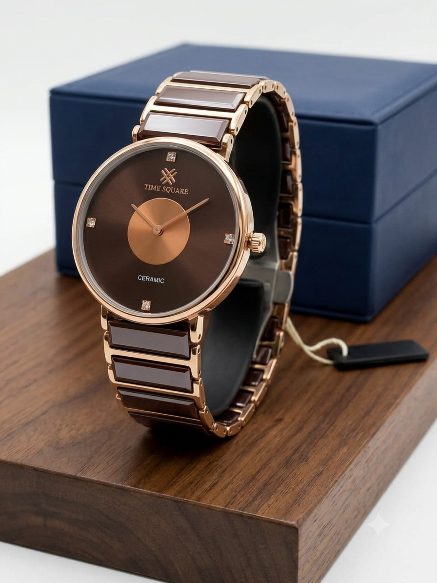 A ceramic watch with a rose gold-tone metal case and a dark brown dial, displayed on a wooden block with its blue presentation box in the background.
