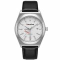A Portive watch with a silver stainless steel case, a white textured dial with black and red details, and a black leather strap, shown against a plain white background.