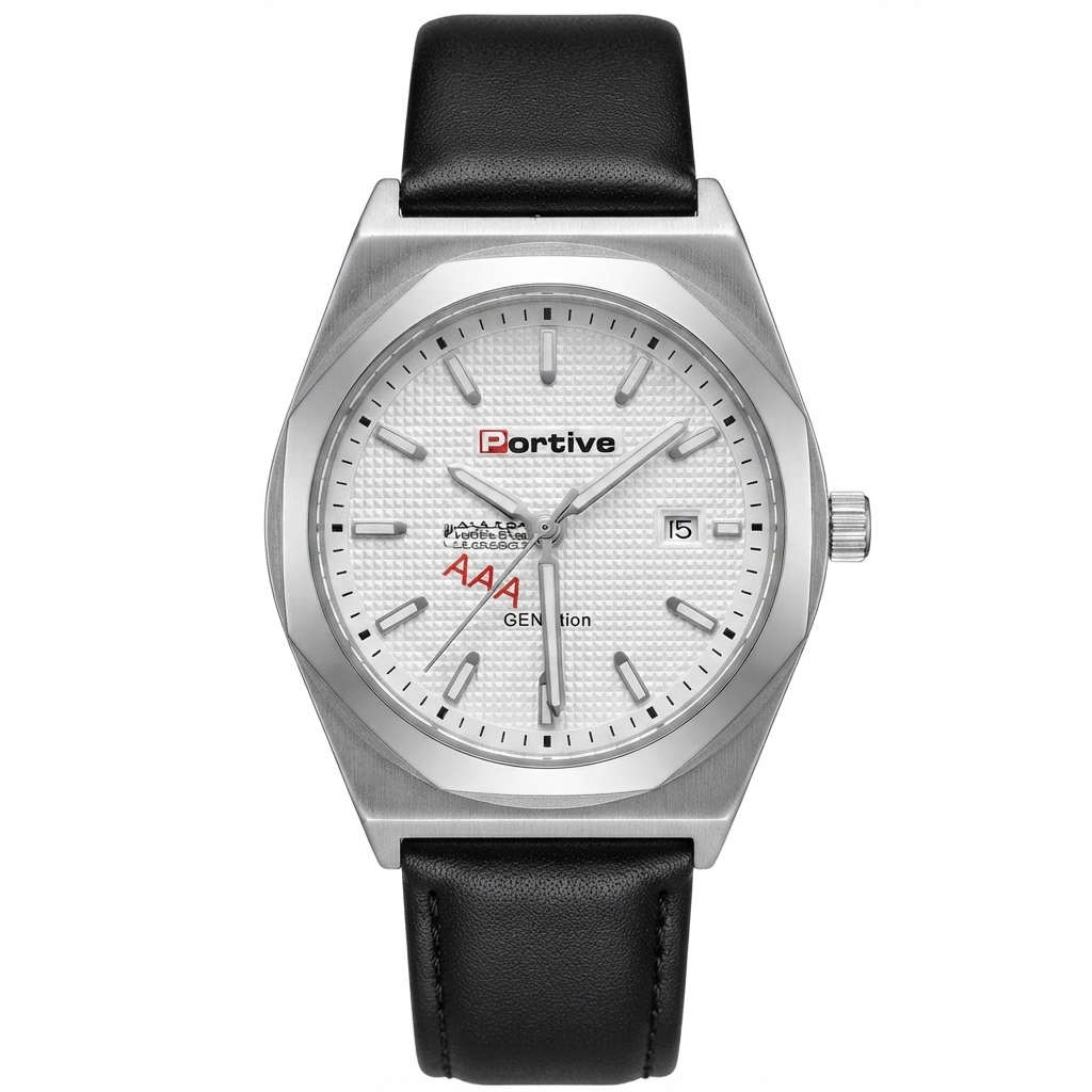 A Portive watch with a silver stainless steel case, a white textured dial with black and red details, and a black leather strap, shown against a plain white background.