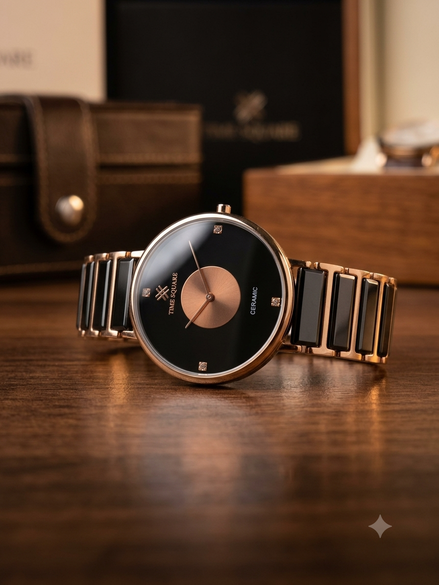A luxury wristwatch with a black ceramic dial and a gold-tone metal link bracelet, displayed on a polished wooden table with a blurred watch box in the background.