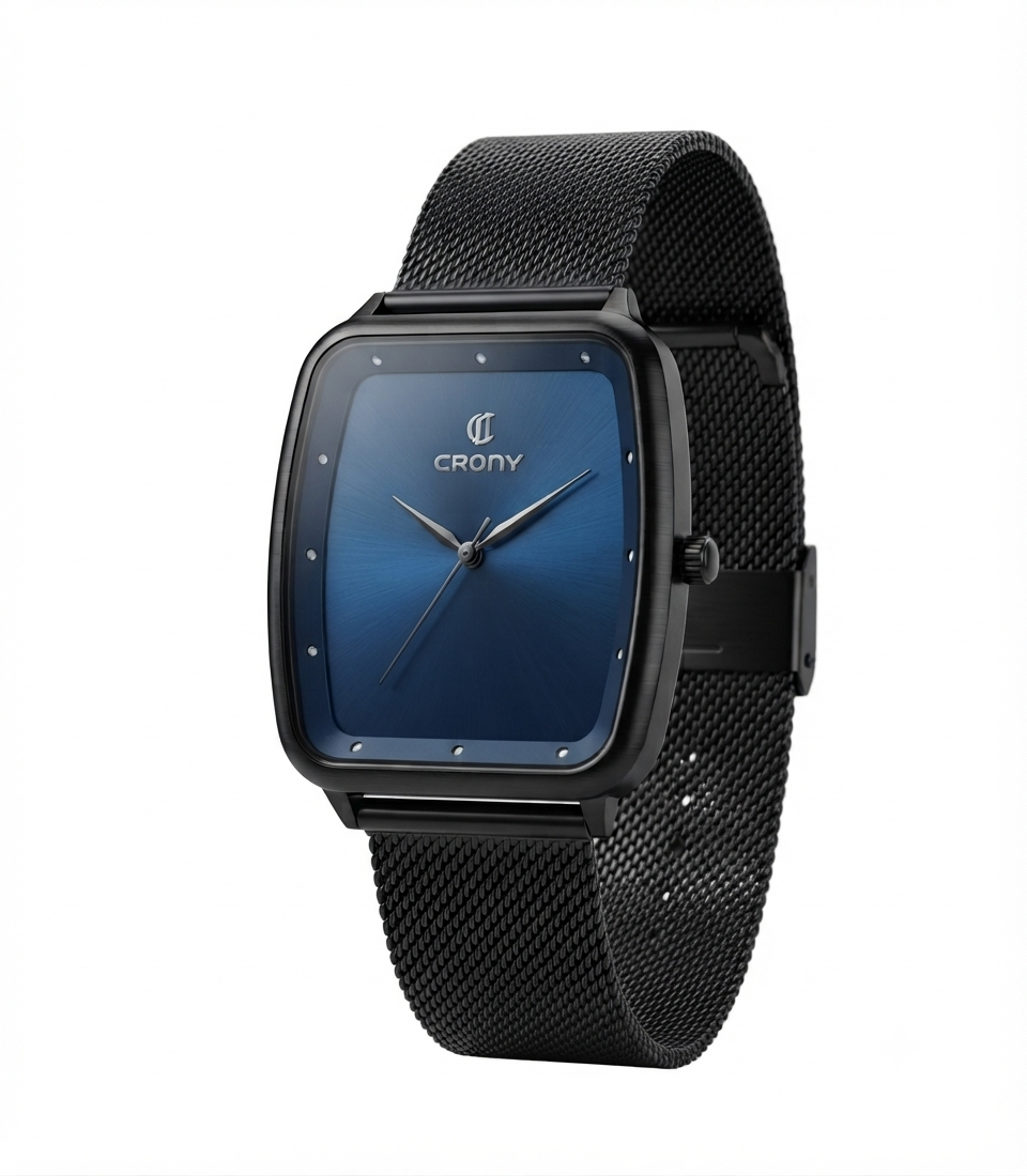 A CRONY brand watch with a square black case, a blue gradient dial, and a black mesh metal band, shown on a plain white background.