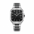A square analog watch with a black dial, silver-tone case, and a bezel set with small clear stones. The integrated metal link band features alternating polished silver and matte black segments.