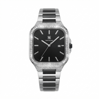 A square analog watch with a black dial, silver-tone case, and a bezel set with small clear stones. The integrated metal link band features alternating polished silver and matte black segments.