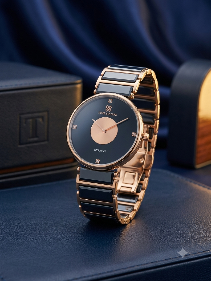 A luxury ceramic and rose gold watch by Time Square, displayed on a dark blue leather surface with a matching branded box in the background.