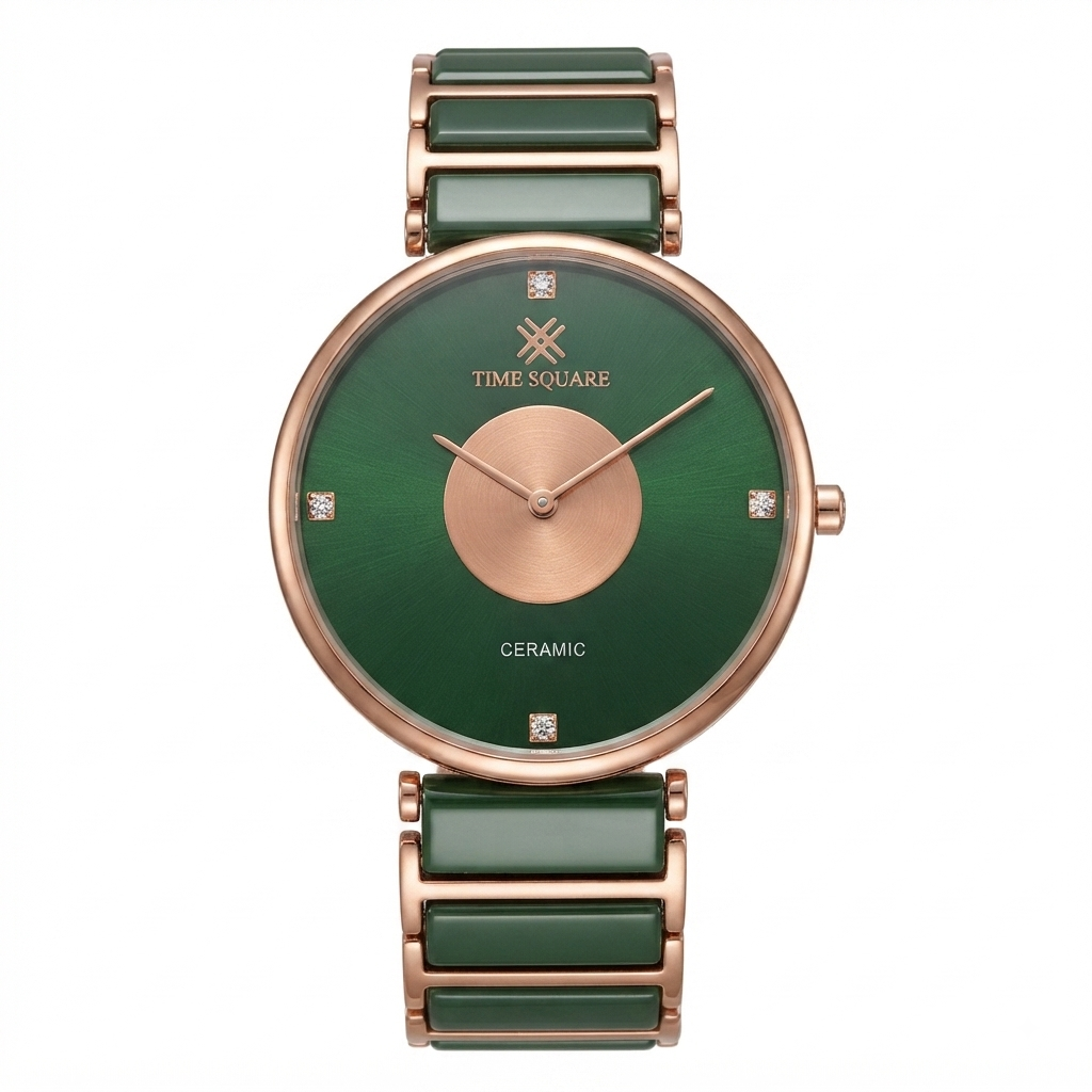 A women's analog watch by Time-Square featuring a green ceramic dial and matching green ceramic rectangular-link bracelet, accented with a rose gold-tone case and crown.