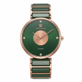 A women's analog watch by Time-Square featuring a green ceramic dial and matching green ceramic rectangular-link bracelet, accented with a rose gold-tone case and crown.