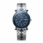 A Tim Quadrant analog watch with a textured blue dial and a silver and blue argyle-patterned metal link bracelet, shown against a plain white background.