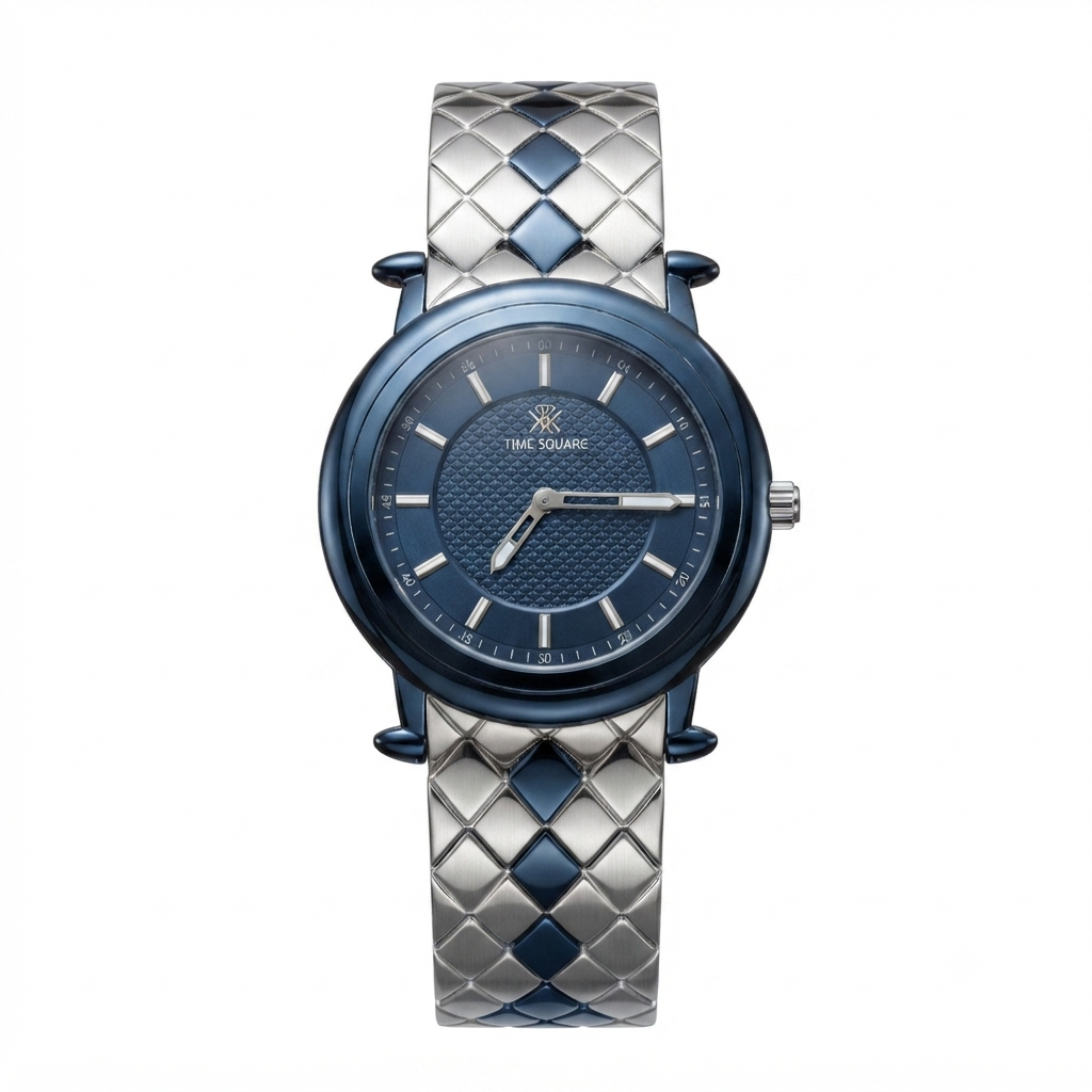 A Tim Quadrant analog watch with a textured blue dial and a silver and blue argyle-patterned metal link bracelet, shown against a plain white background.