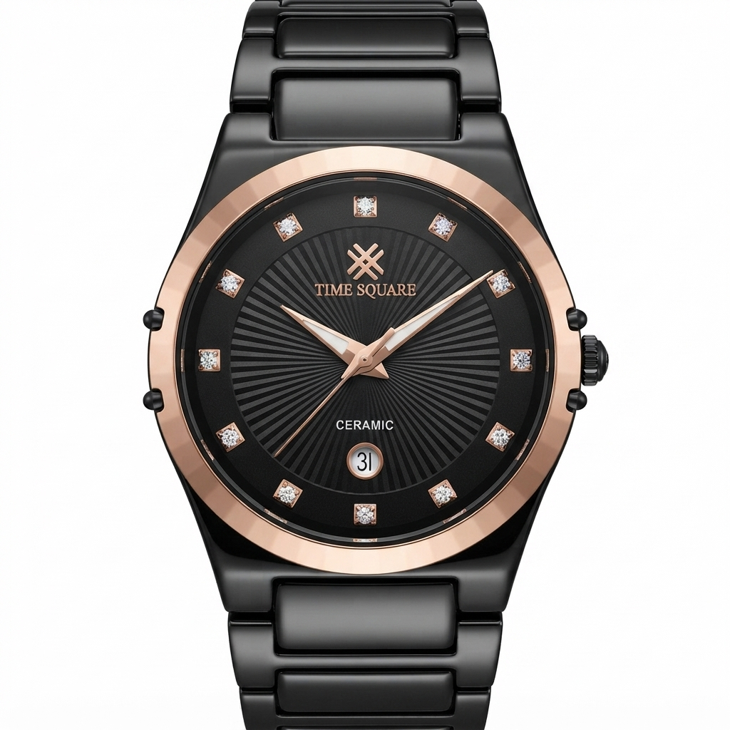 A ceramic watch with a black dial and black link bracelet, featuring a rose gold-tone case bezel and hands, crystal hour markers, and a date window at the 6 o'clock position.