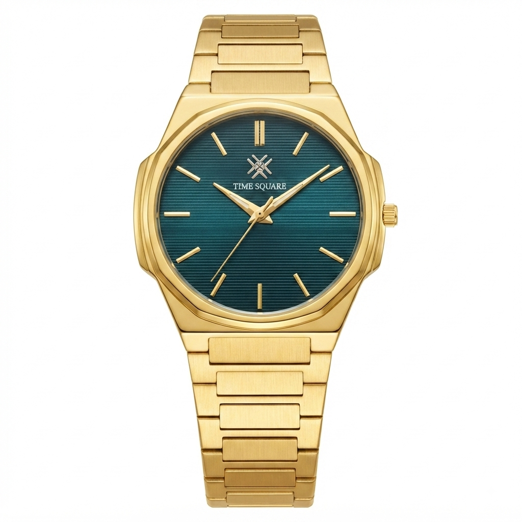 A gold-tone stainless steel watch with a textured dark teal-blue sunburst dial, featuring gold-tone hands, stick indices, and the Time Square logo at 12 o'clock.