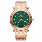 A wrist watch with a textured rose gold-tone metal case and integrated link bracelet, featuring a green textured dial with gold-tone hands and hour markers. The brand name 'TIME SQUARE' is printed on the dial.
