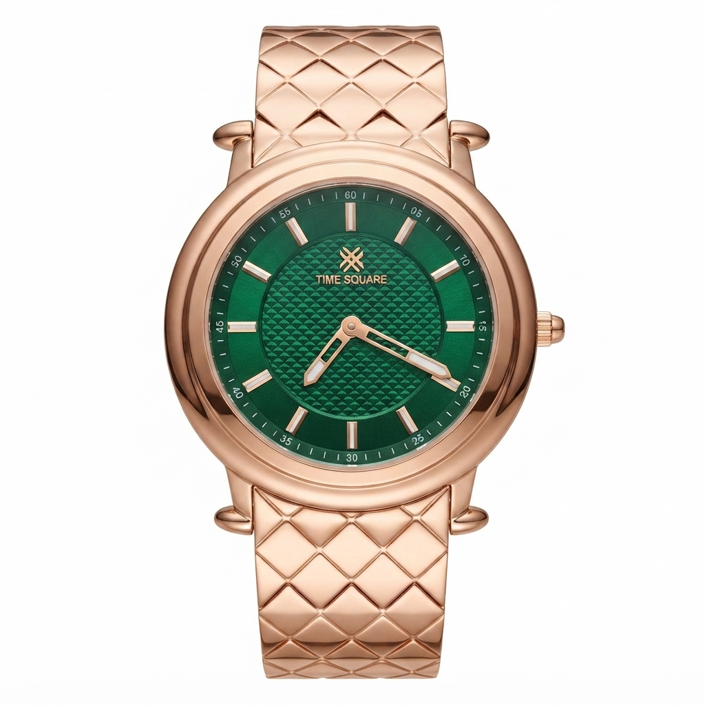 A wrist watch with a textured rose gold-tone metal case and integrated link bracelet, featuring a green textured dial with gold-tone hands and hour markers. The brand name 'TIME SQUARE' is printed on the dial.