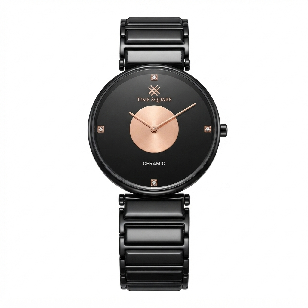 A minimalist ceramic watch by Time Square with a black round dial, rose gold center circle and hands, and a black ceramic link bracelet, shown on a solid white background.