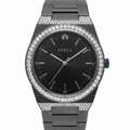 An Axell analog watch with a black gunmetal-tone metal case and bracelet, featuring a black dial with silver-tone hands and indices, and a bezel encrusted with clear pavé stones.