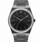 An Axell analog watch with a black gunmetal-tone metal case and bracelet, featuring a black dial with silver-tone hands and indices, and a bezel encrusted with clear pavé stones.
