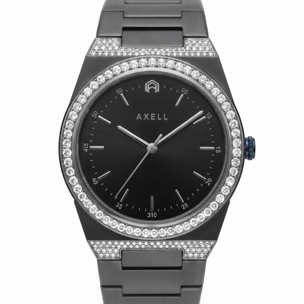 An Axell analog watch with a black gunmetal-tone metal case and bracelet, featuring a black dial with silver-tone hands and indices, and a bezel encrusted with clear pavé stones.