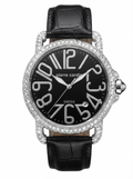 A Pierre Cardin watch with a black dial, large silver-tone numerals, a diamond-encrusted bezel, and a black leather strap, shown on a plain white background.
