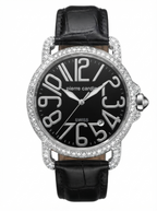 A Pierre Cardin watch with a black dial, large silver-tone numerals, a diamond-encrusted bezel, and a black leather strap, shown on a plain white background.