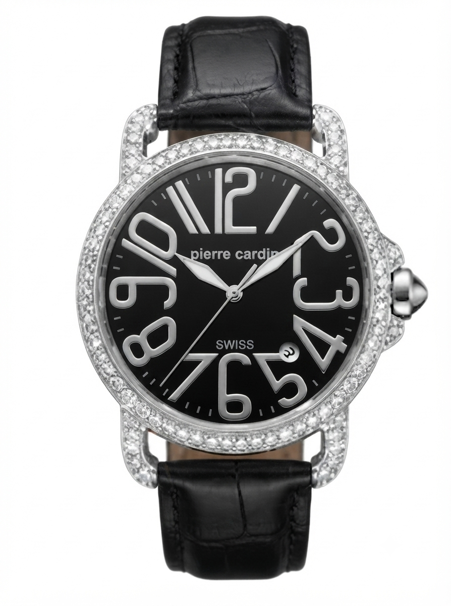 A Pierre Cardin watch with a black dial, large silver-tone numerals, a diamond-encrusted bezel, and a black leather strap, shown on a plain white background.