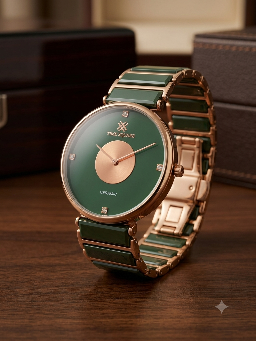 A luxury wristwatch with a green ceramic link bracelet and a green dial with a rose gold center, displayed on a dark wooden surface.