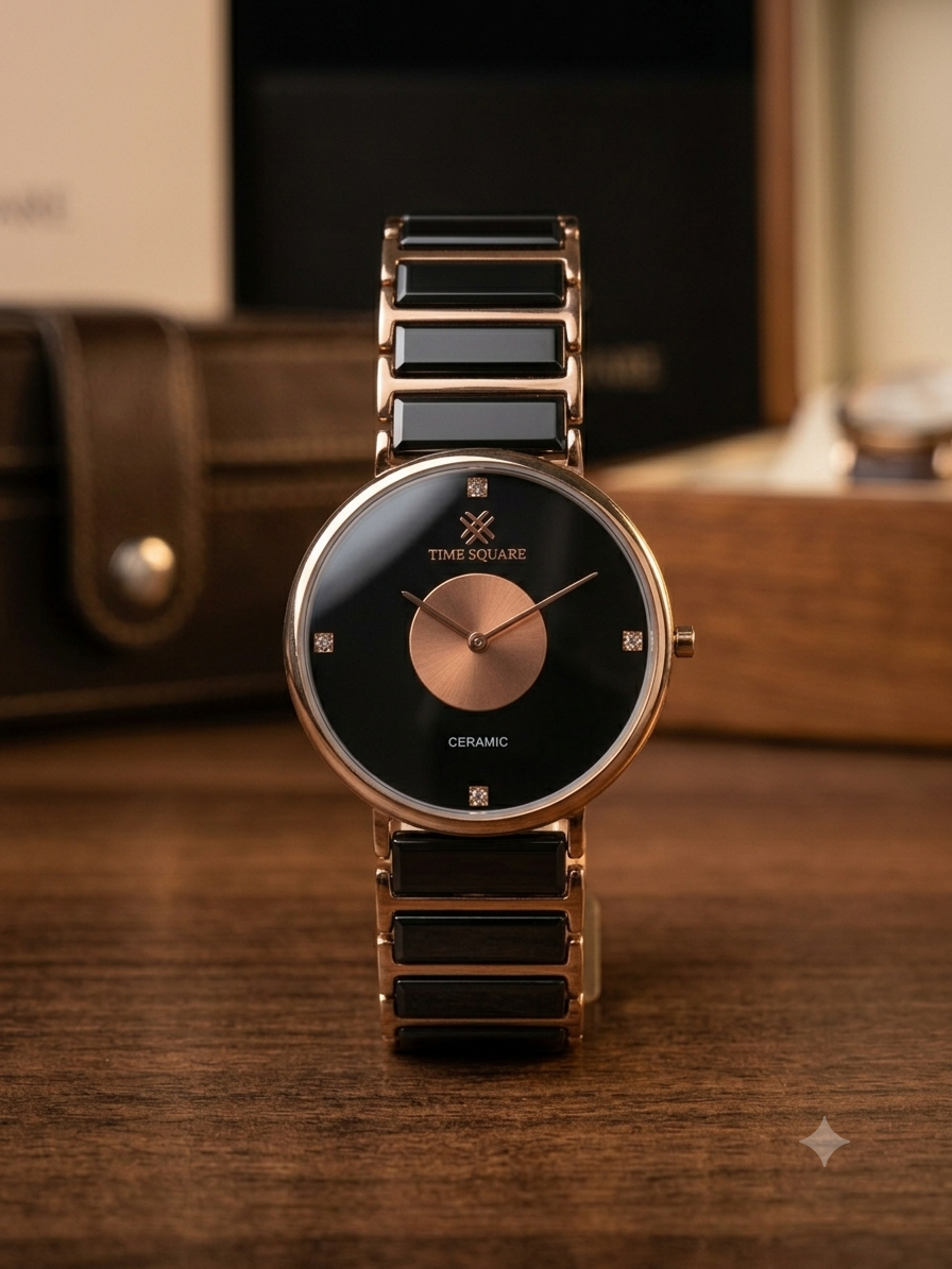 A luxury ceramic watch by Time Square, featuring a black ceramic link bracelet, a rose gold-tone case, and a black dial with a rose gold center, displayed on a wooden surface.