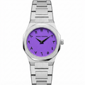 Daniel Gorman women's watch featuring a brushed stainless steel case and bracelet with a vibrant purple dial and black Arabic numerals.