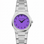 Daniel Gorman women's watch featuring a brushed stainless steel case and bracelet with a vibrant purple dial and black Arabic numerals.