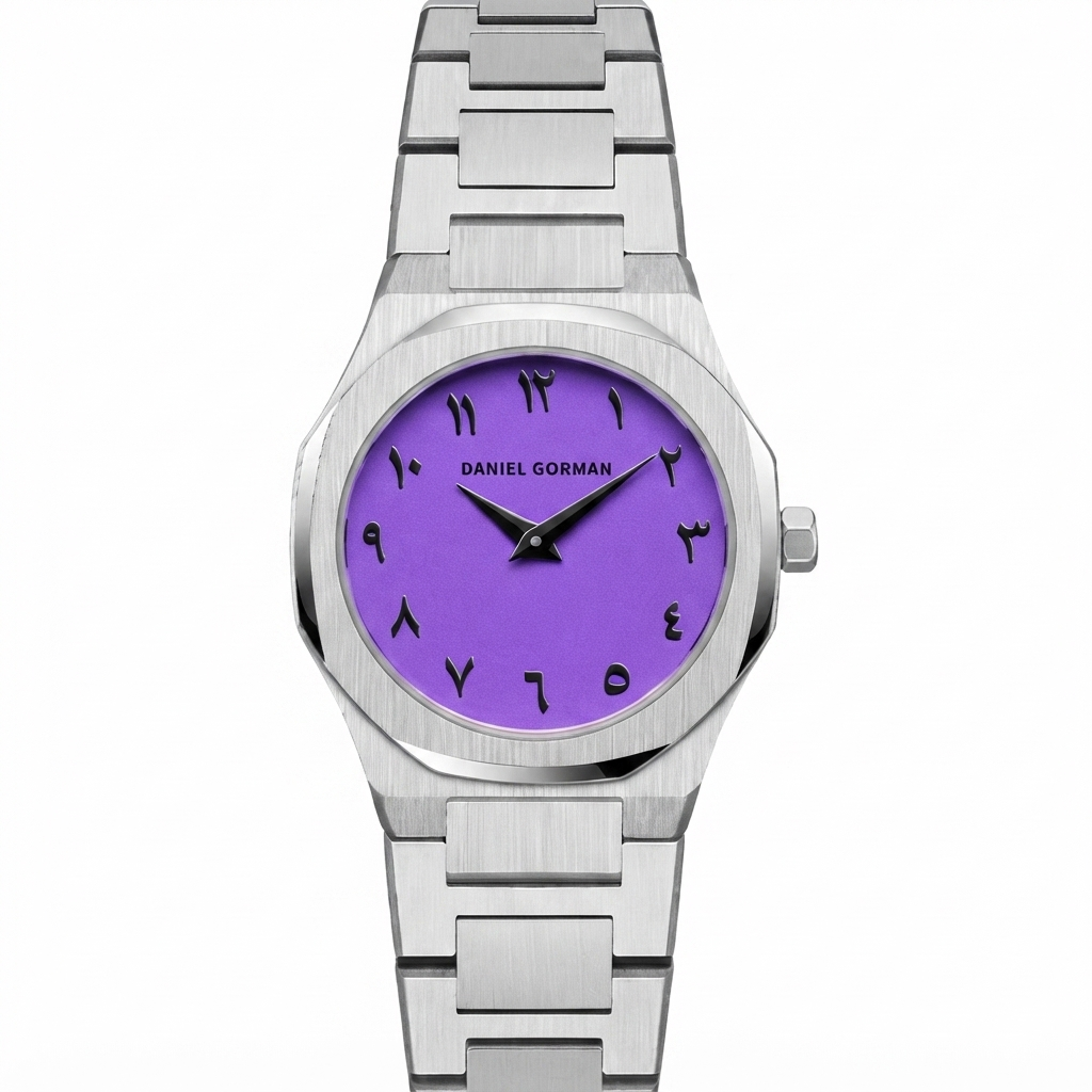 Daniel Gorman women's watch featuring a brushed stainless steel case and bracelet with a vibrant purple dial and black Arabic numerals.