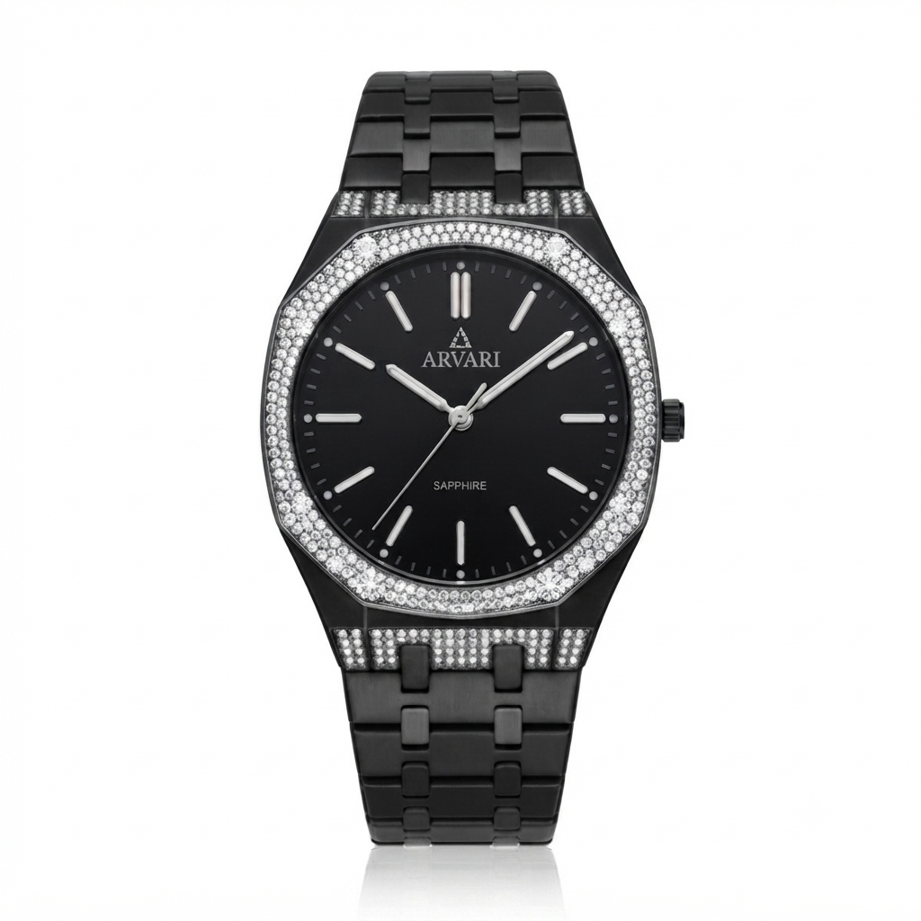 A black Arvari watch with a black dial, black link bracelet, and a bezel encrusted with clear stones, shown on a white background.