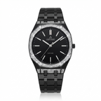 A black Arvari watch with a black dial, black link bracelet, and a bezel encrusted with clear stones, shown on a white background.