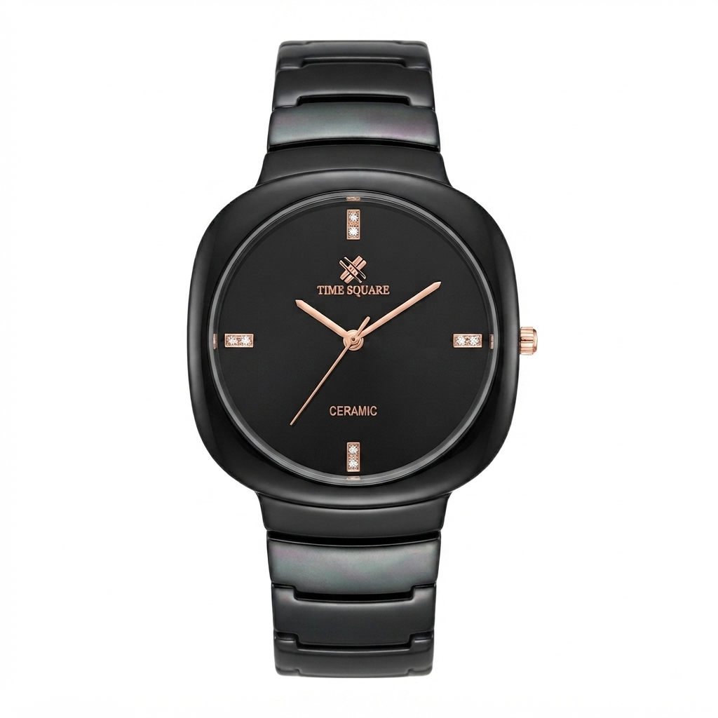 A black ceramic analog watch with a matching black link bracelet, featuring rose gold-tone hands and hour markers with small crystal accents, on a plain white background.